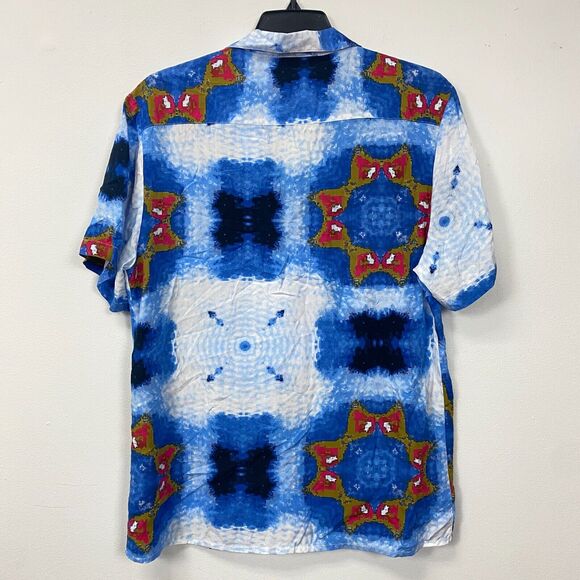 OPB Original Paperbacks Shirt Mens L Blue Button Up Geometric Rayon - Picture 7 of 7